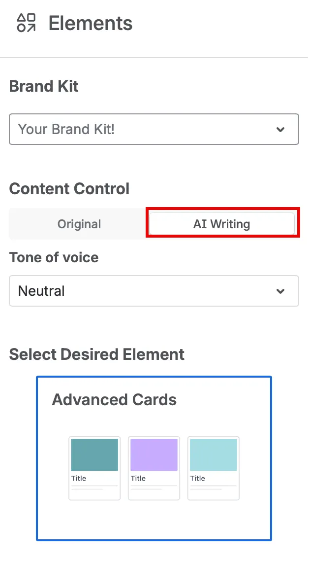 Smart Designer interface showing the Content Control toggle with the AI Writing option selected