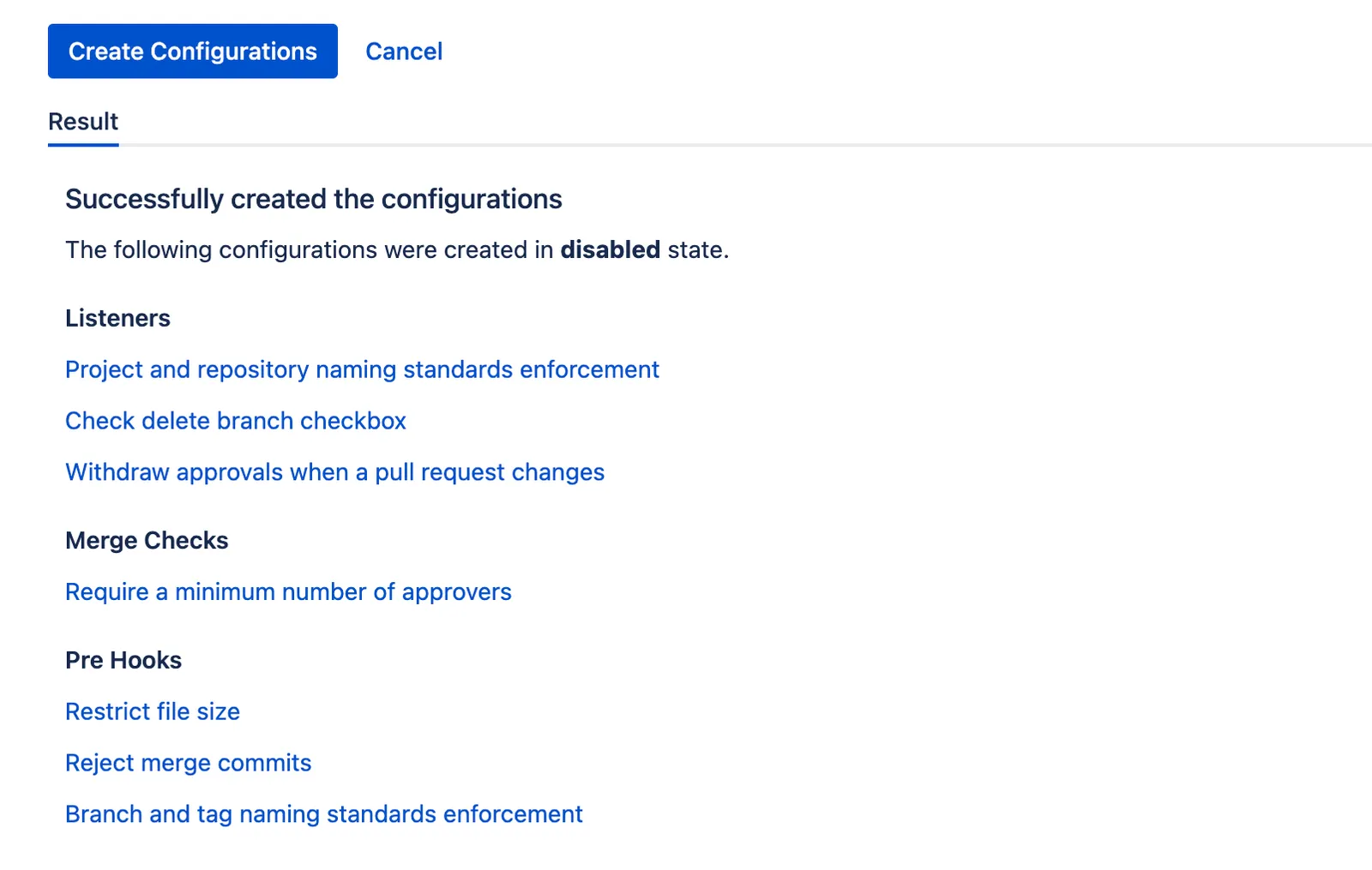 List of branch and tag naming configurations created from the specified regular expressions