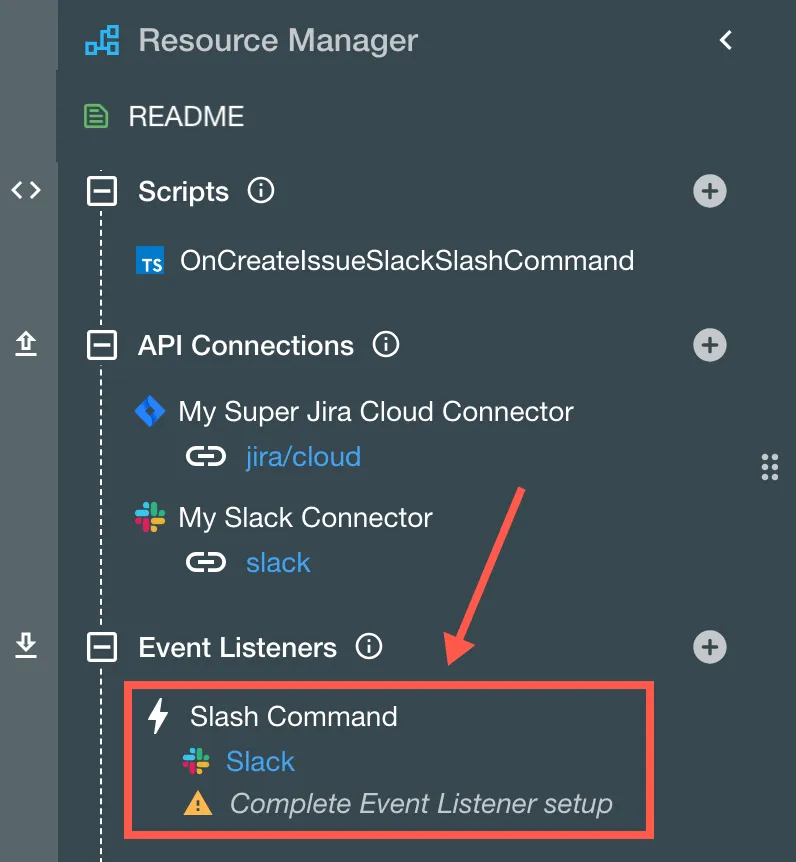 The Slack Command shown in the Event Listeners section of the Resource Manager.