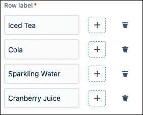 Radio matrix configuration screen showing four row label options: Iced Tea, Cola, Sparkling Water, and Cranberry Juice