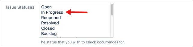 Issue Status field configuration showing In Progress selected as the applicable status