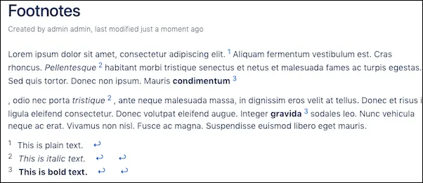 Rendered Confluence page showing collated footnotes where multiple references share the same footnote number