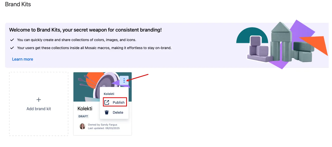 Publish option from Brand Kit page.