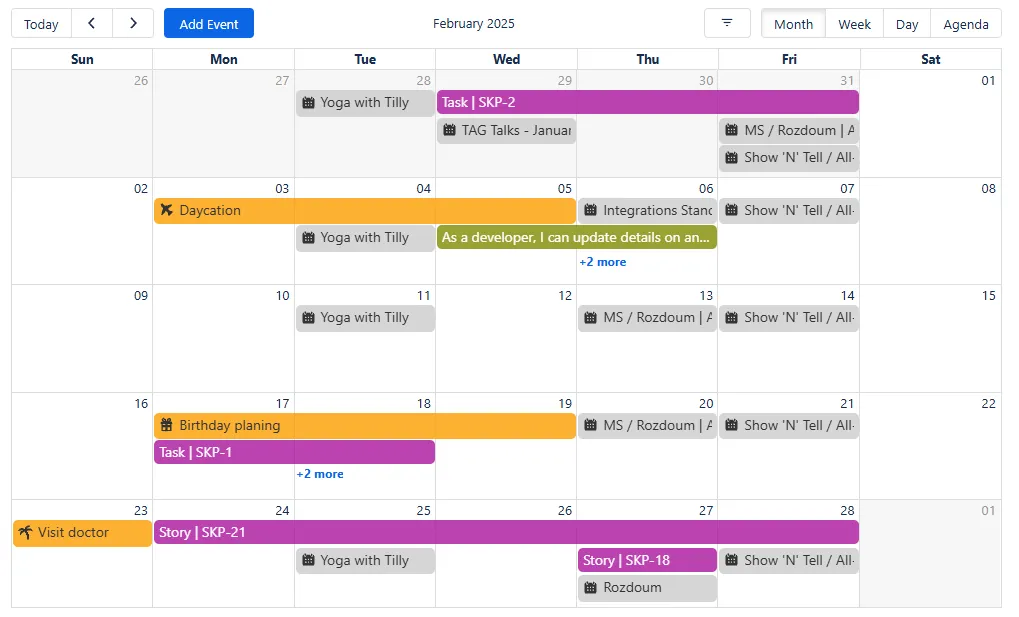 Example configuration showing multiple calendars with different colors and overlapping events