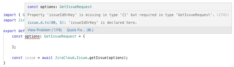 Code editor screenshot shows a TypeScript error, highlighting a missing 'issueIdOrKey' in 'GetIssueRequest'. Includes an import statement and a function definition.