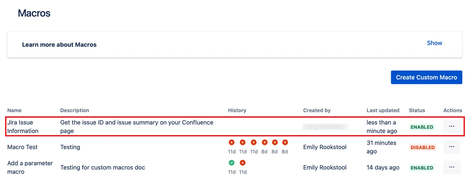 The newly created macro, listed on the Macros screen.