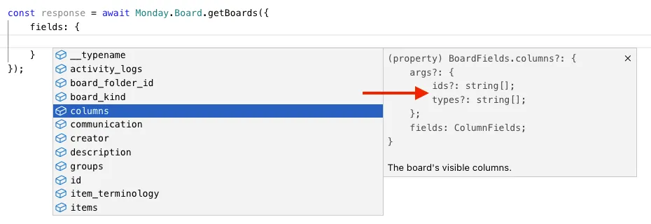 Code snippet showing JavaScript with an autocomplete dropdown. The highlighted
