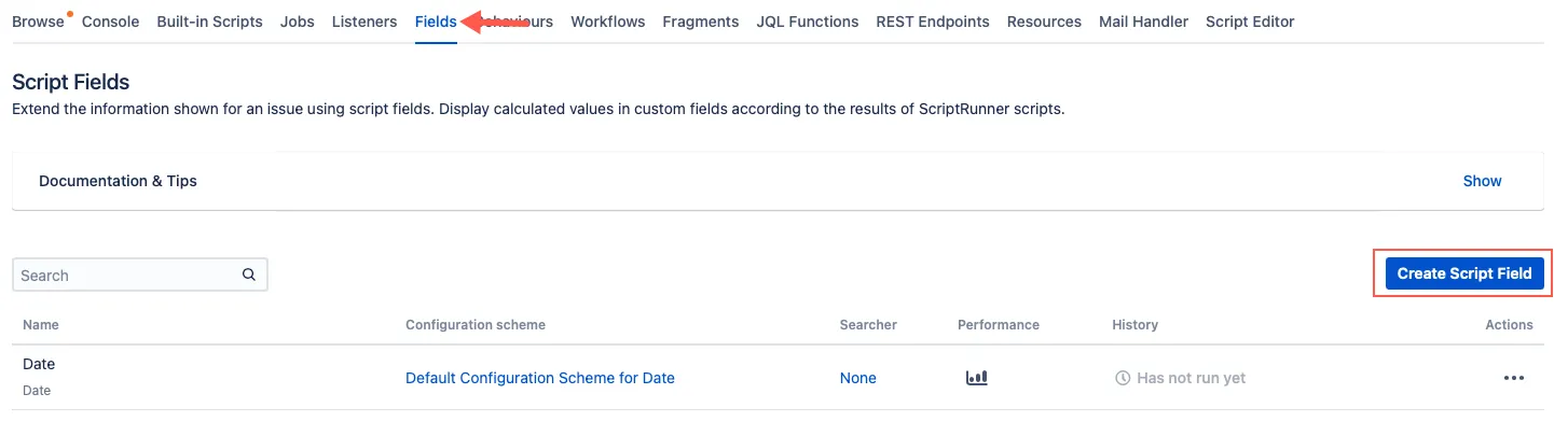 Image showing the Create Script Field option