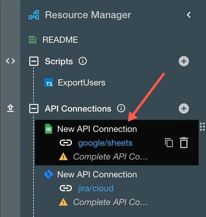The New API Connection shown in the Resource Manager.