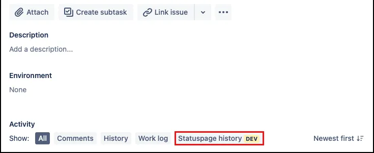 Statuspage history tab selected in the Jira issue Activity section