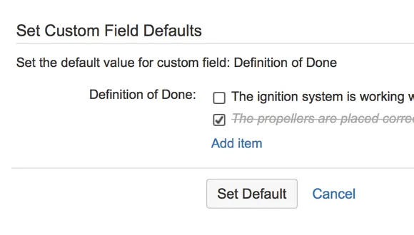 Checklist default values configuration screen showing predefined checklist items in Jira