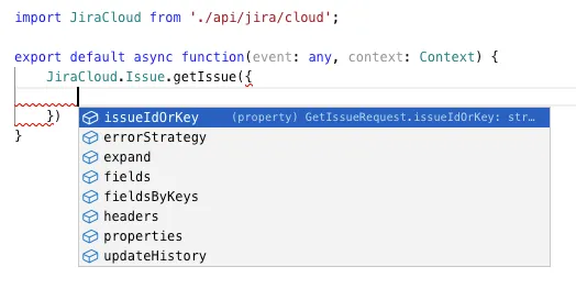 Code editor screenshot showing an import statement for 'JiraCloud' and an async function. A dropdown suggests method parameters for 'getIssue', with options like 'issueIdOrKey'.