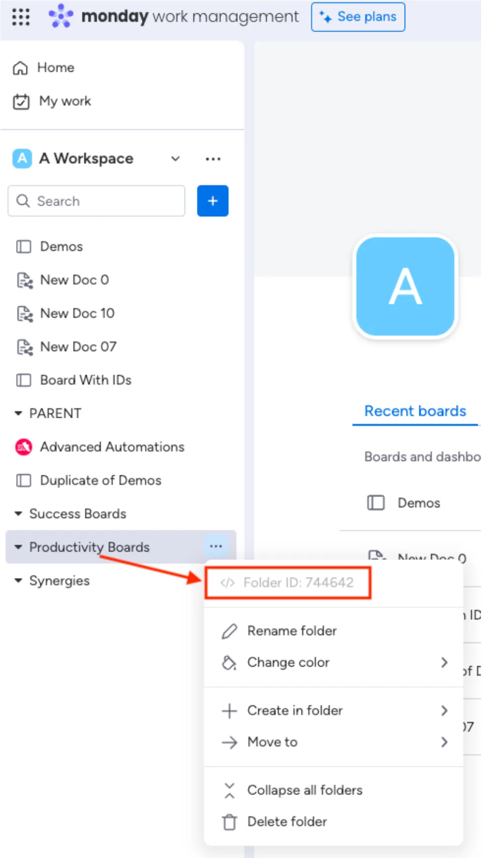 The Folder ID shown from the ellipsis pop-up options.