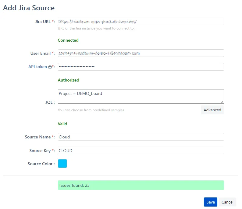 Image showing the Add Jira Source screen with all fields completed