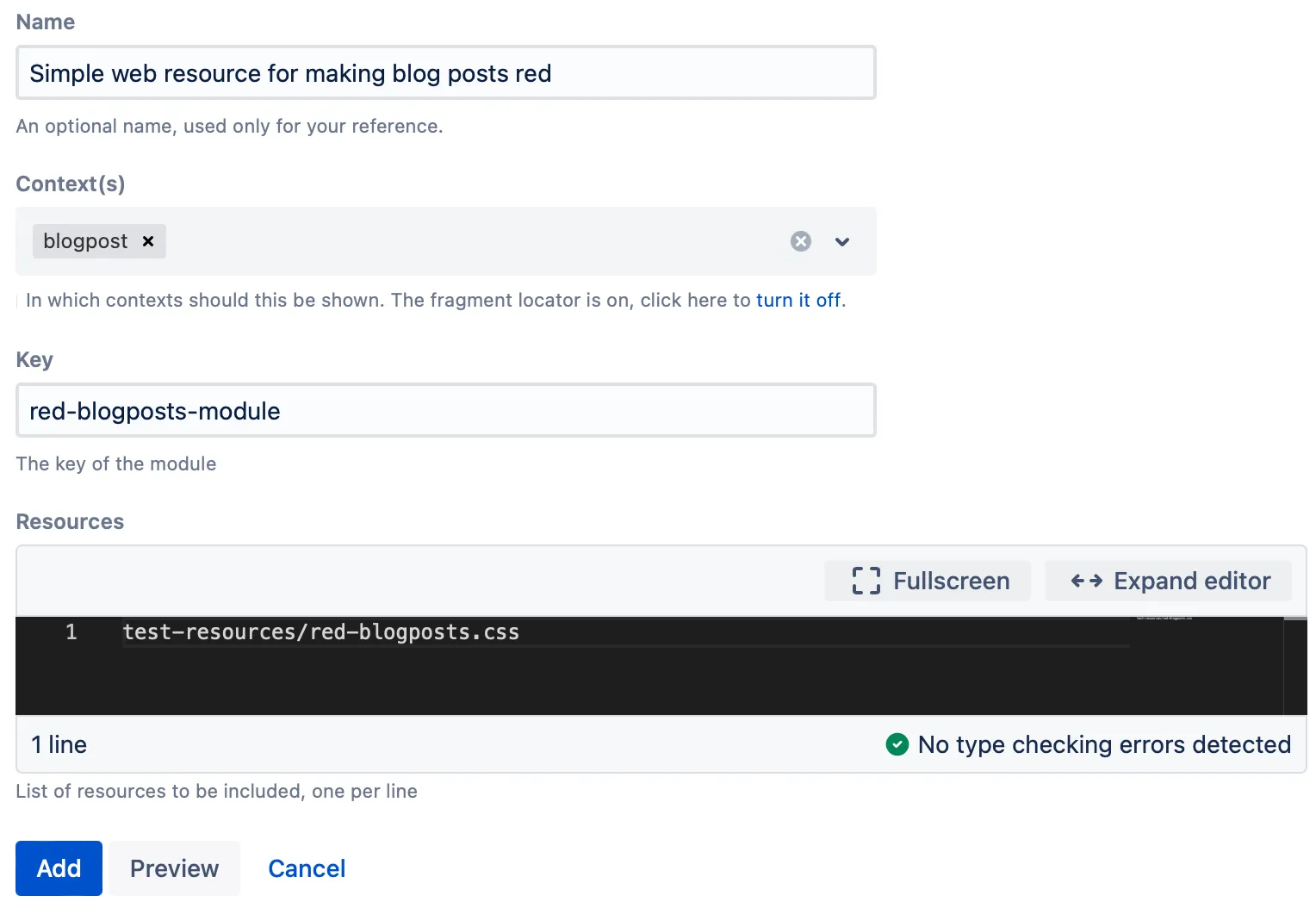 A Web Fragment form with example content.