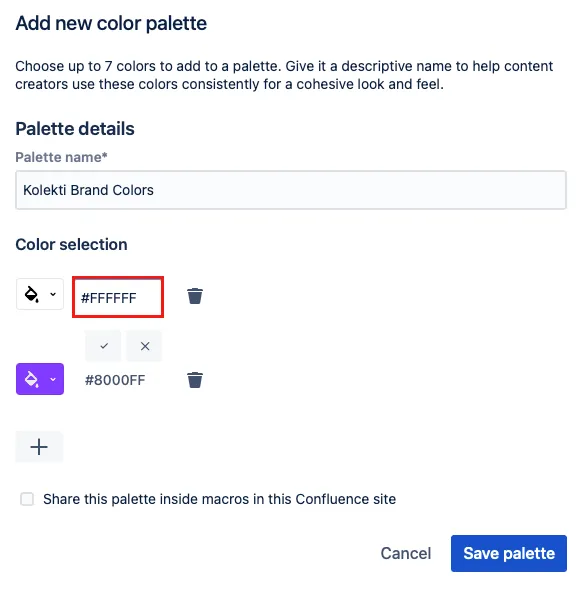 Color selection hex code field.