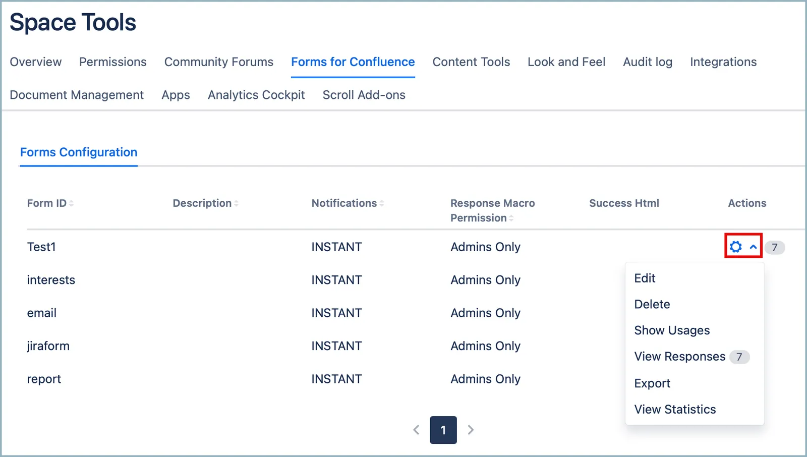Cog icon menu for managing a Form ID, showing options to edit, delete, view usages, responses, export, and view statistics.