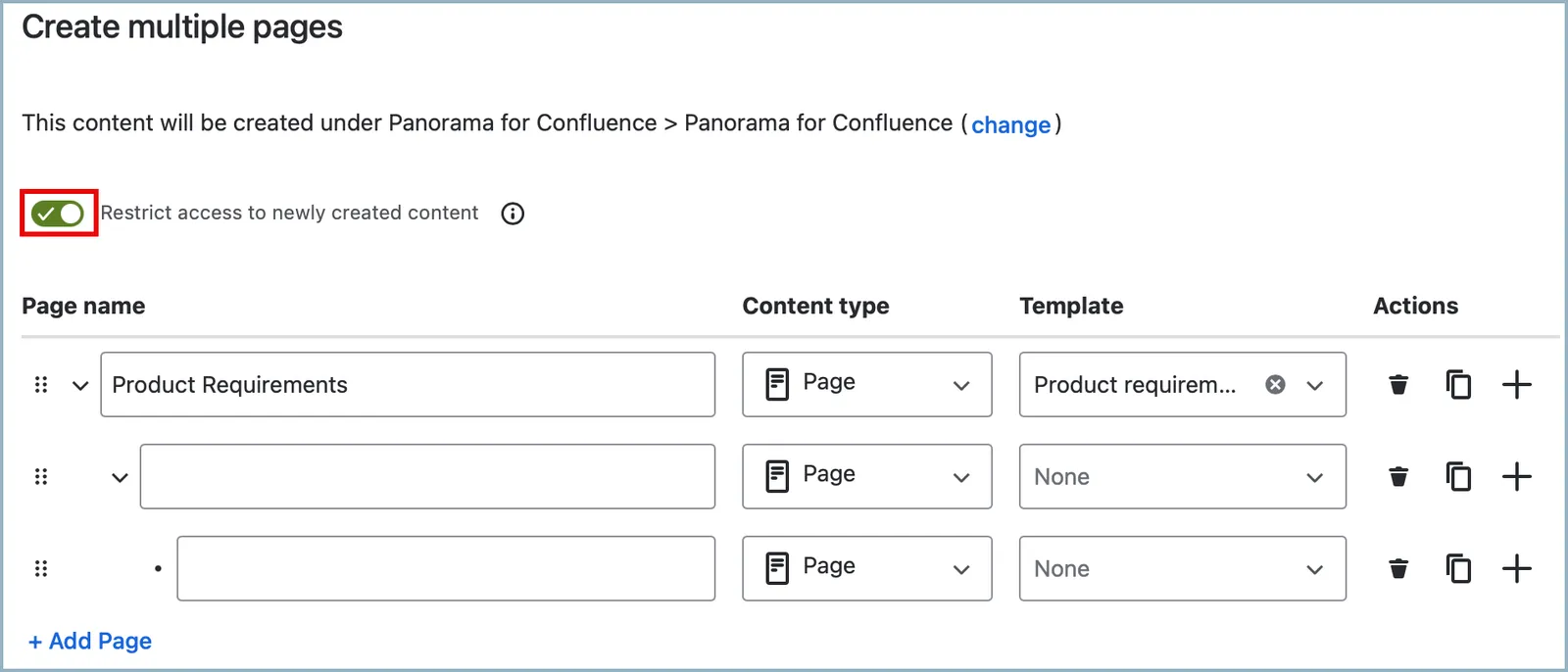 Restrictions toggle set to off to create a page with no restrictions