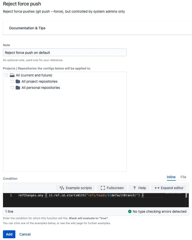 Screenshot of the Reject Force Push hook configuration
