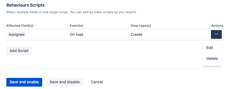 Behaviours Scripts table showing saved behaviour scripts with name, description, run options, and view types.