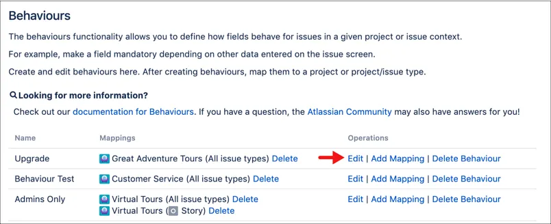 Edit Behaviours screen showing the Edit link next to a behaviour