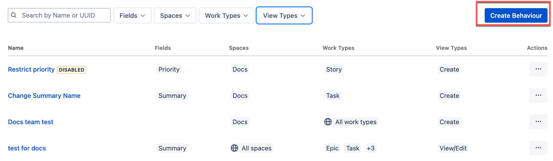 ScriptRunner Behaviours page showing the list of existing Jira behaviours.