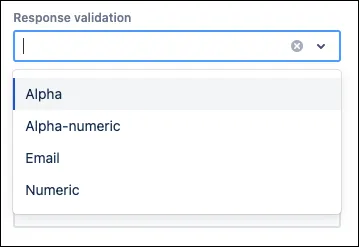 Form builder Short answer configuration panel showing Response validation dropdown options