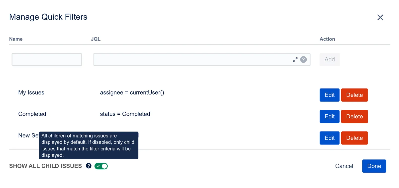 Quick Filter settings panel showing the option to include or exclude child issues from filter results