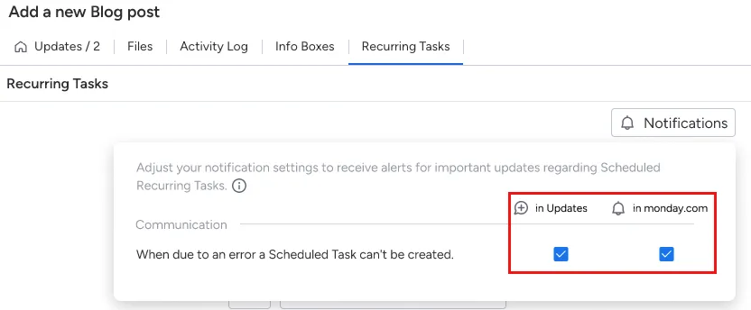 The item card for a recurring task with the notification modal open to allow you to select which notification channels should be active.