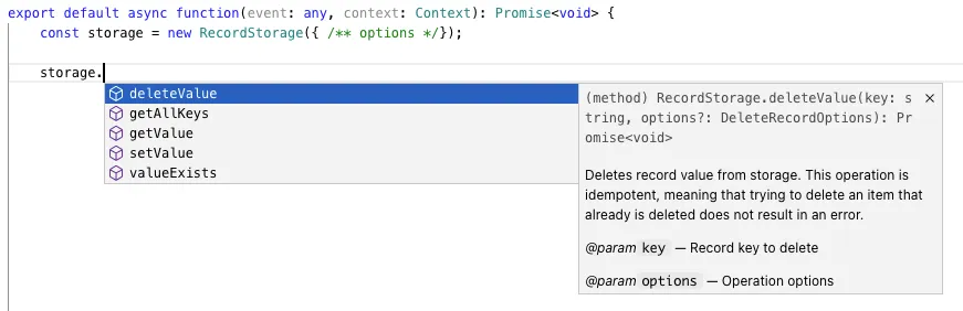 Code editor showing JavaScript snippet with an autocomplete suggestion list for storage methods like `deleteValue` and tooltips explaining each method.