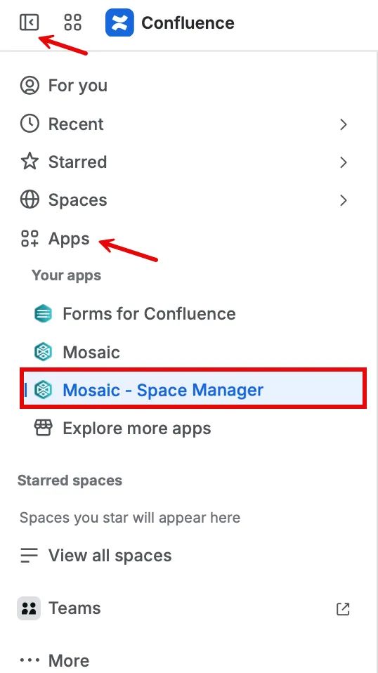Confluence sidebar highlighting the Space Manager app section