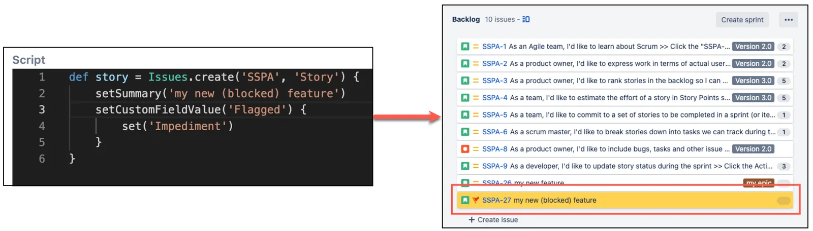 Example of a Jira issue with the Flagged custom field set to indicate an impediment.