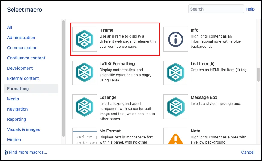 Select the iFrame macro from the Macro Browser