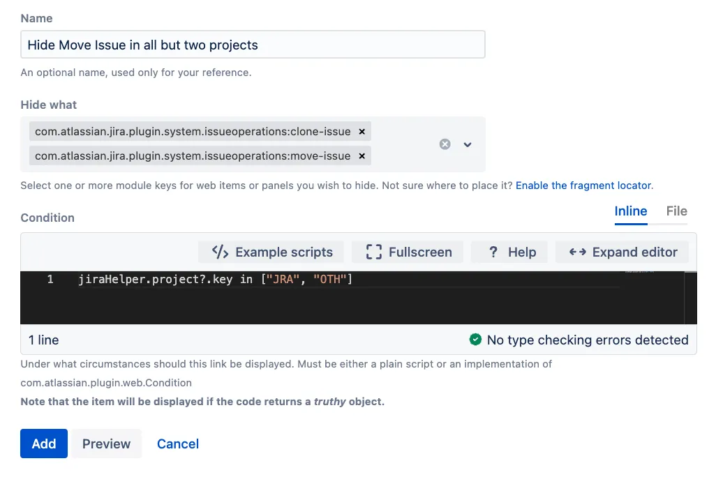 ScriptRunner Hide system or plugin UI element form showing configured project key and condition settings