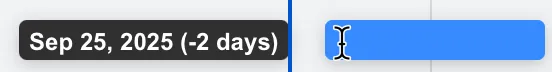 A screenshot showing the tooltip that is displayed when you move the end of a timeline bar to change the start or end date for a work item.
