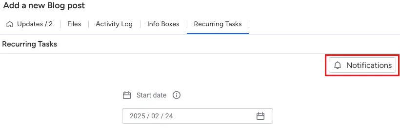The item card for a recurring task with the Notifications button highlighted.