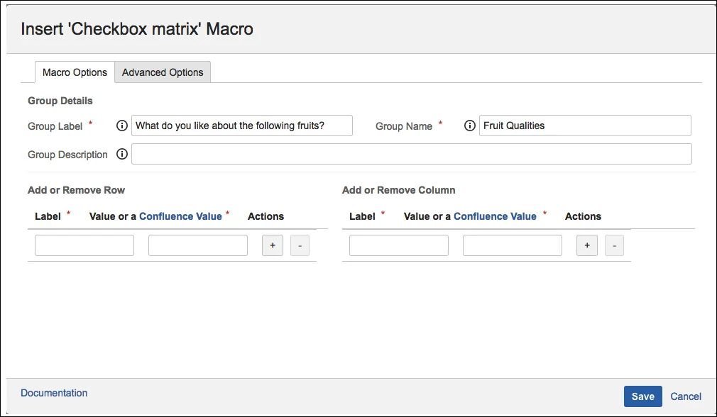 Checkbox Matrix macro configuration dialog showing the Label field that appears next to the checkbox matrix options