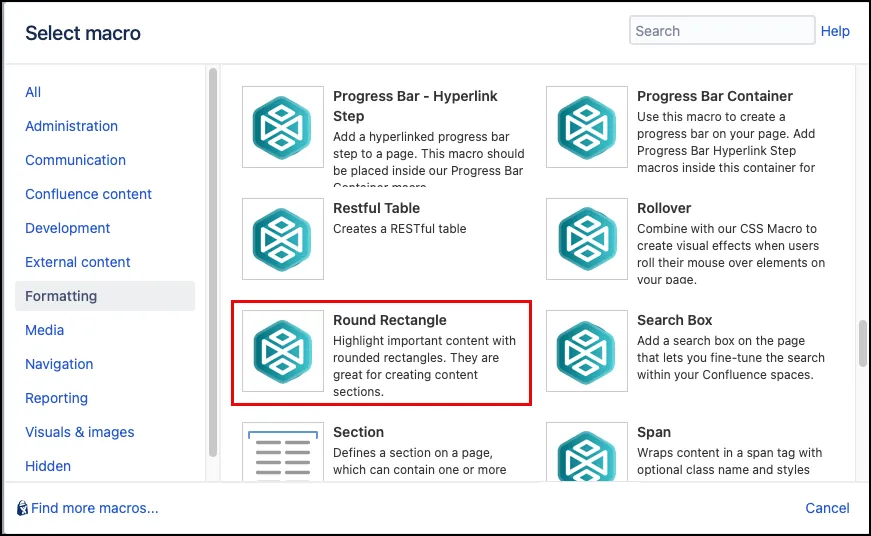 Macro Browser showing the Insert More Content menu with the Other Macros option highlighted