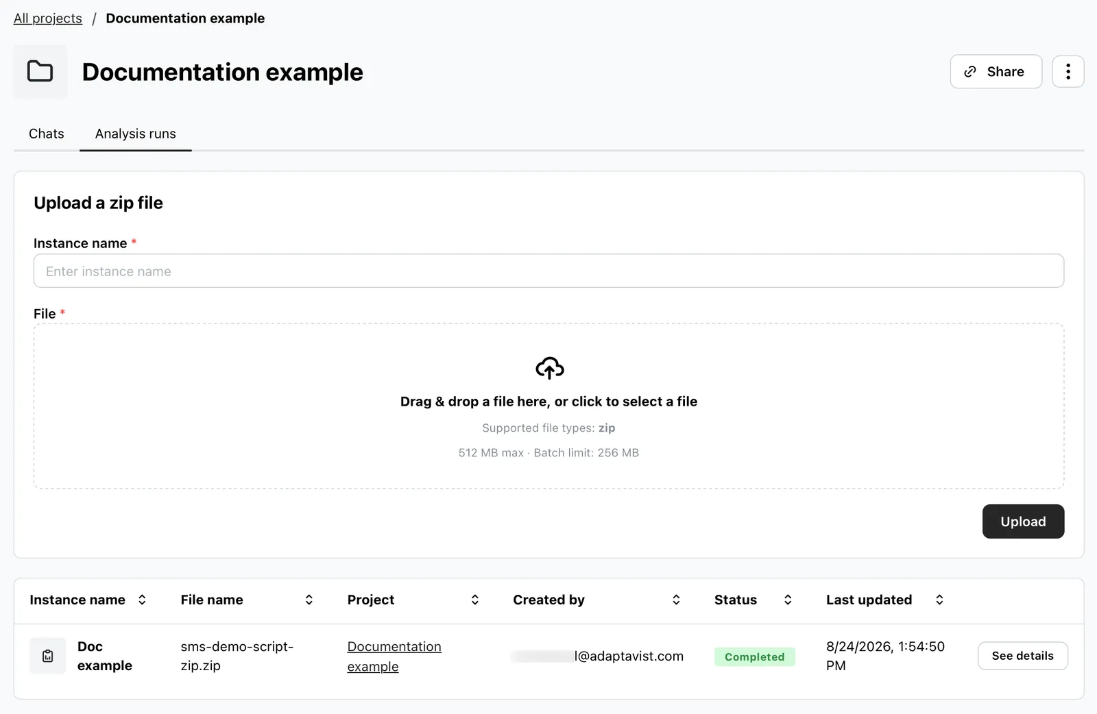 Analysis runs page showing uploaded project analysis list