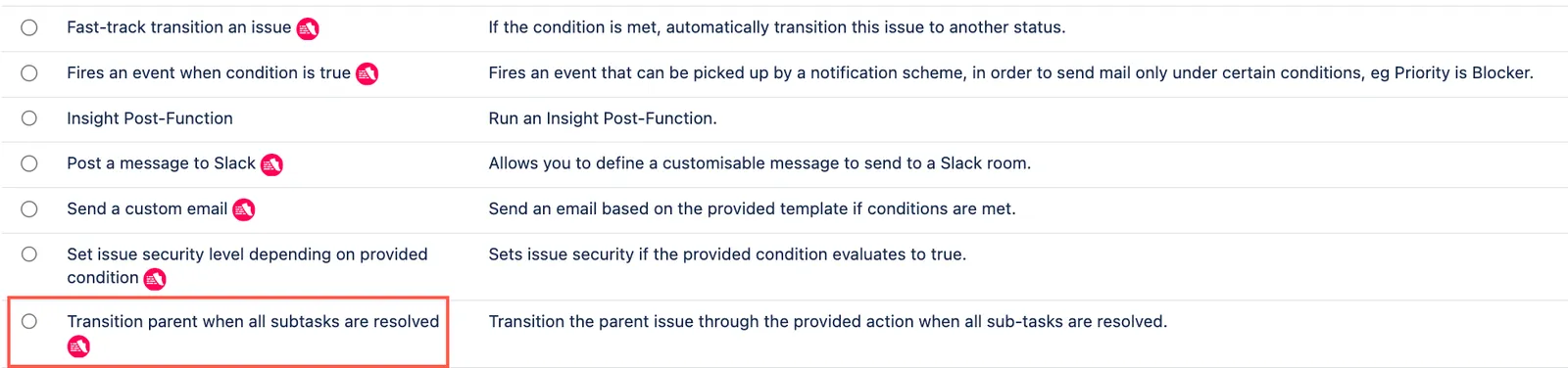 Transition parent when all subtasks are resolved post function selected.