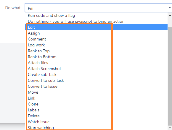 Jira configuration screen showing a list of built-in dialog actions such as Create sub-task and Watch Issue, with only single-issue actions displayed