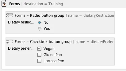 Form showing Dietary Restrictions radio buttons and Dietary Preferences checkboxes in Forms for Confluence