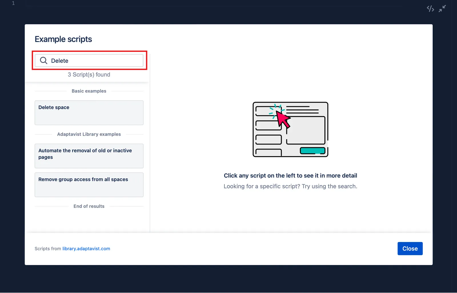 The Search field hilighted in the Example Scripts modal.