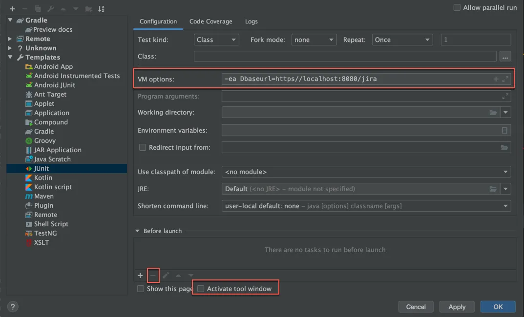 IntelliJ IDEA JUnit run configuration window showing VM options and Before Launch settings for ScriptRunner tests