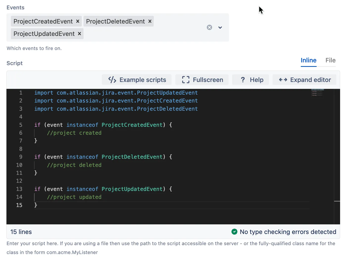 Groovy listener script example showing use of instanceof to handle multiple event types