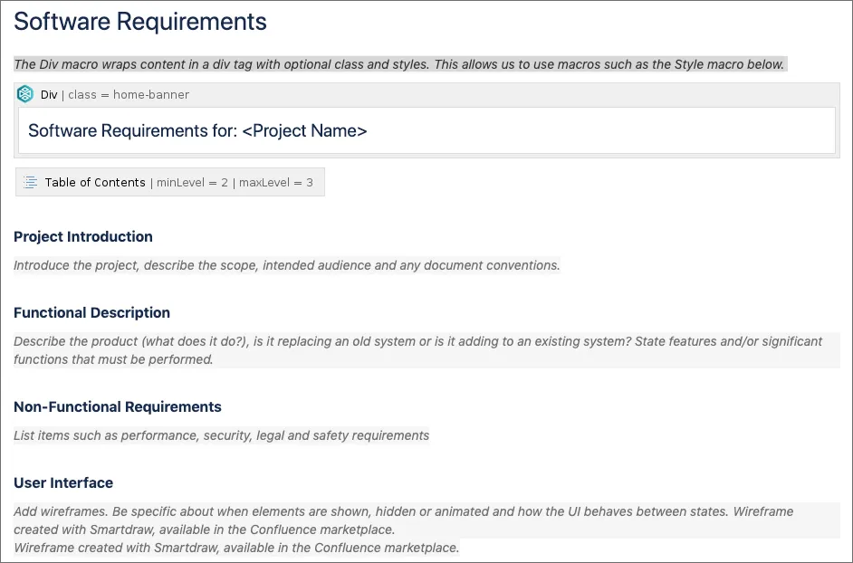 The edit page for the Software Requirements page showing editable fields and options