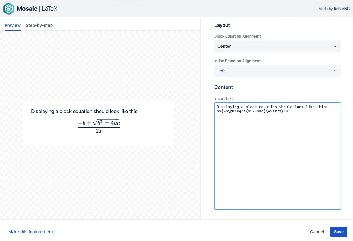 LaTeX editor with block text example.