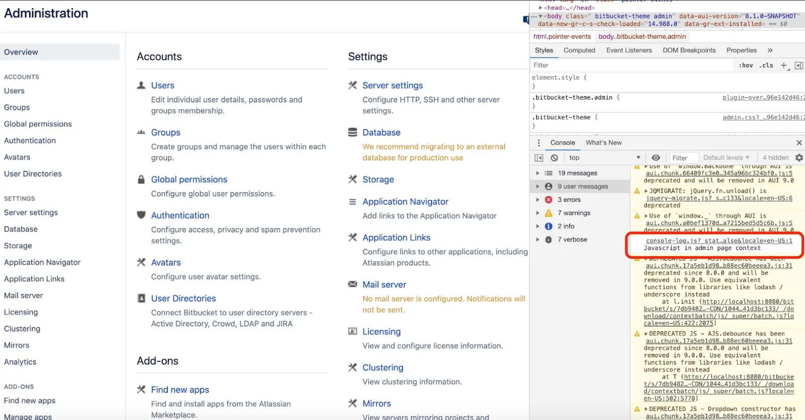 Console log message in admin page