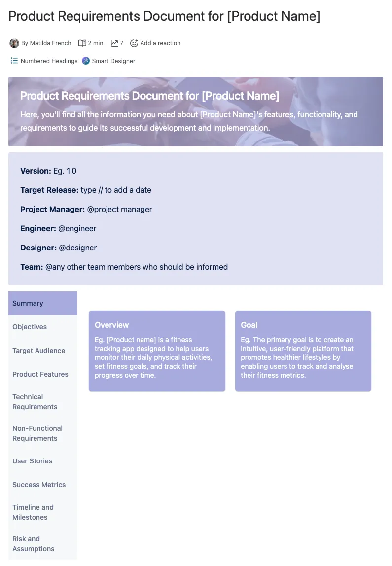 Published Product requirements document template