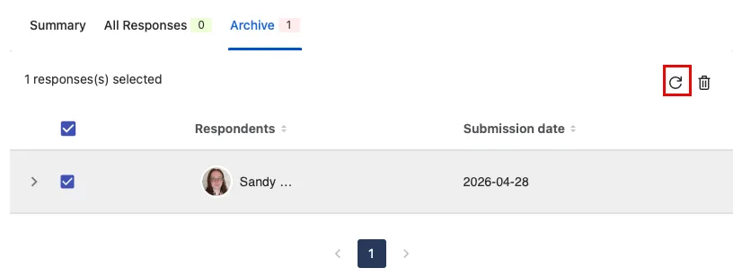 Screenshot of the Archive tab with the Restore selected icon highlighted for restoring archived responses.